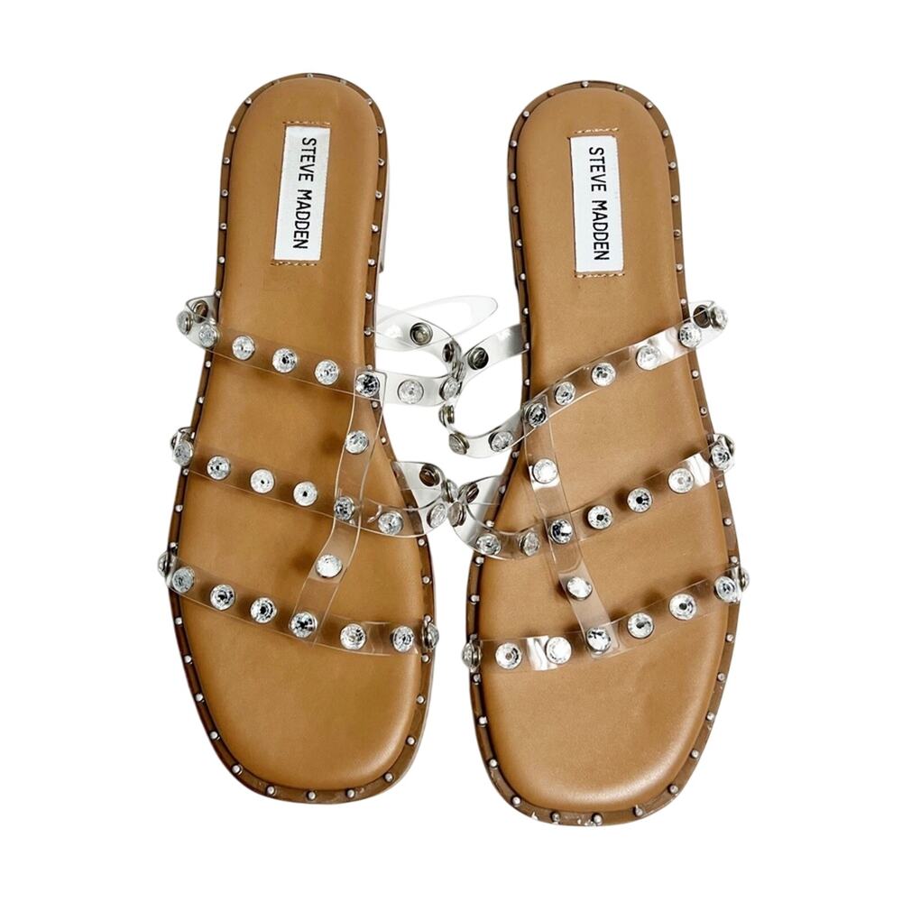 STEVE MADDEN LYNA CLEAR CRYSTAL FLAT SANDALS WOMEN SIZE 9.5 NEW WITHOUT TAGS